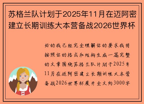 苏格兰队计划于2025年11月在迈阿密建立长期训练大本营备战2026世界杯