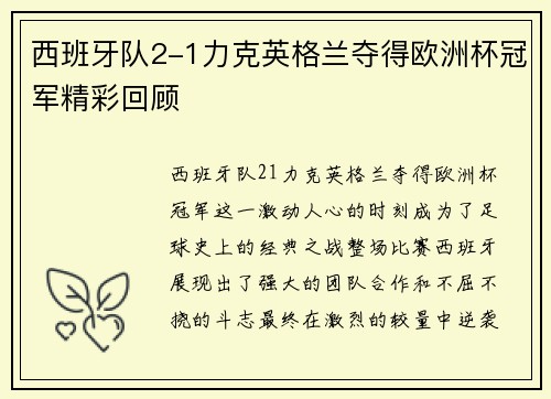 西班牙队2-1力克英格兰夺得欧洲杯冠军精彩回顾