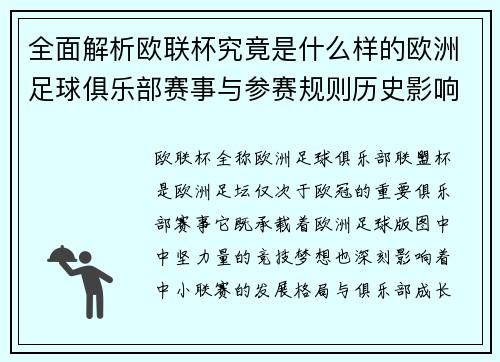 全面解析欧联杯究竟是什么样的欧洲足球俱乐部赛事与参赛规则历史影响