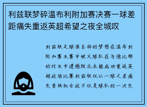 利兹联梦碎温布利附加赛决赛一球差距痛失重返英超希望之夜全城叹 利兹联梦碎温布利附加赛决赛一球差距痛失重返英超希望之夜全城叹