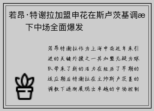 若昂·特谢拉加盟申花在斯卢茨基调教下中场全面爆发